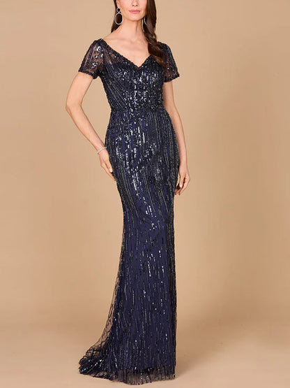 V-neck Sequined Short Sleeves Maxi Dress