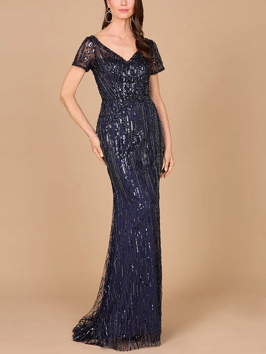 V-neck Sequined Short Sleeves Maxi Dress