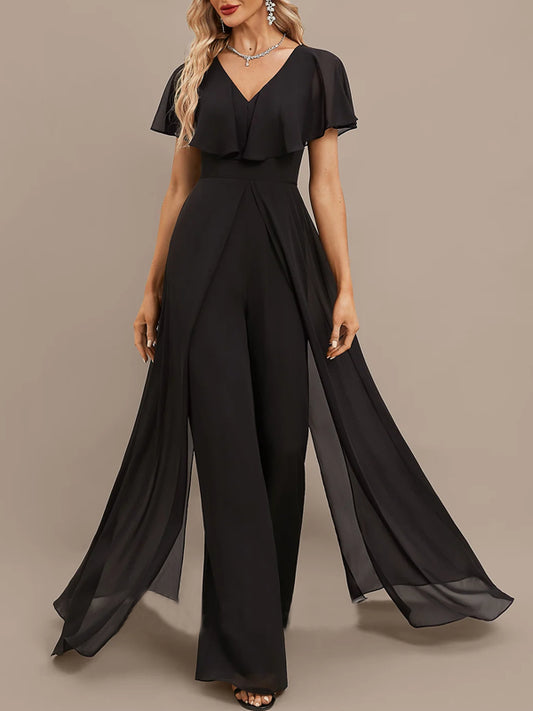 Jumpsuit/Pantsuit V-Neck Floor-Length Chiffon Evening Dress