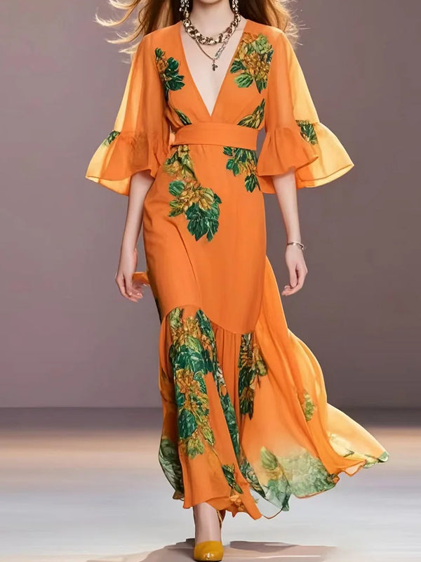Printed Chiffon Gown With Flared Sleeves