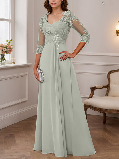 A-Line/Princess Sweetheart Neck 3/4 Length Sleeves Floor-Length Mother Of The Bride Dresses With Lace, Ruffles & Appliques