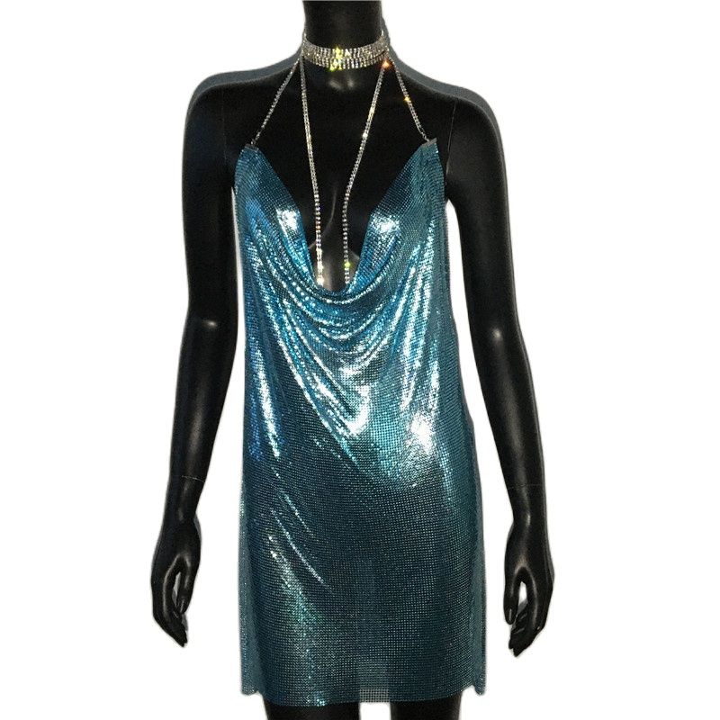 loveedsTM-Sexy Gold Sequined Patchwork Mini Dress Women Sleeveless Low Cut Metal Chains Halter Slim Charming Nightclub Party Dresses