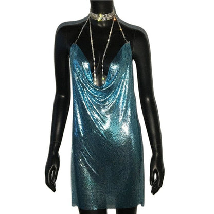 loveedsTM-Sexy Gold Sequined Patchwork Mini Dress Women Sleeveless Low Cut Metal Chains Halter Slim Charming Nightclub Party Dresses