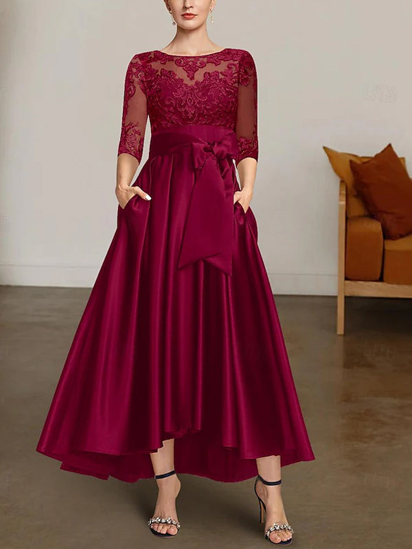 Round Neck Lace Solid Color Midi Dress