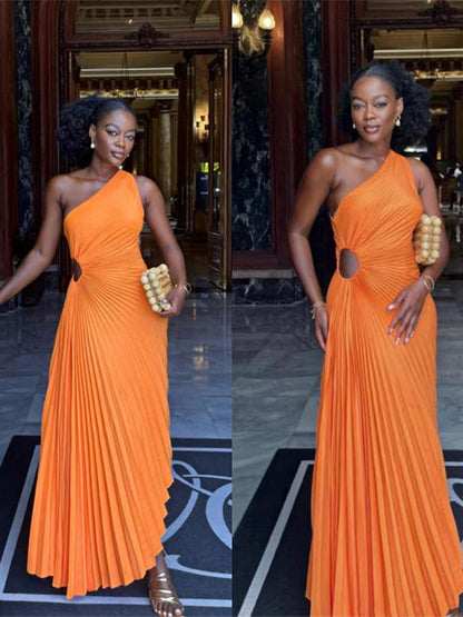 loveedsTM-Lady Roll Waist Sleeveless Pleated Ruched A-line Dress Women One Shoulder Sexy Prom Evening Dresses New Fahion Chothing