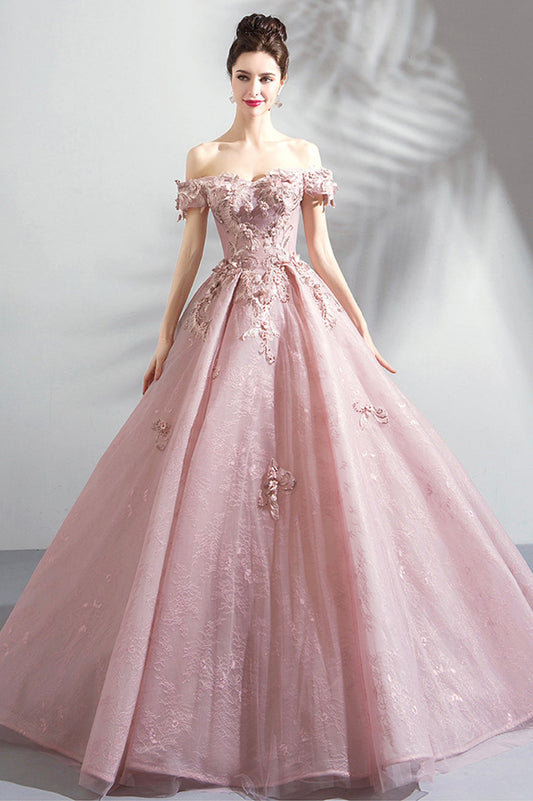 Pink Tulle Lace Long Formal Party Dress, Off the Shoulder Evening Dress
