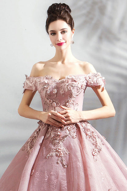 Pink Tulle Lace Long Formal Party Dress, Off the Shoulder Evening Dress