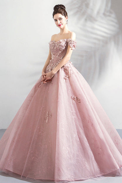 Pink Tulle Lace Long Formal Party Dress, Off the Shoulder Evening Dress