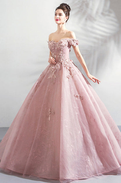 Pink Tulle Lace Long Formal Party Dress, Off the Shoulder Evening Dress
