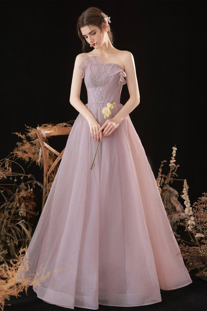 Pink Tulle Long A-Line Prom Dress, Pink Strapless Evening Party Dress