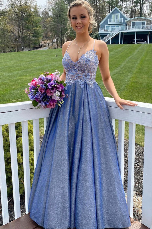 Blue V-Neck Long Prom Dress, A-Line Spaghetti Strap Evening Dress