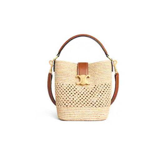 CELINE SMALL LOUISE BUCKET IN RAFFIA AND CALFSKIN