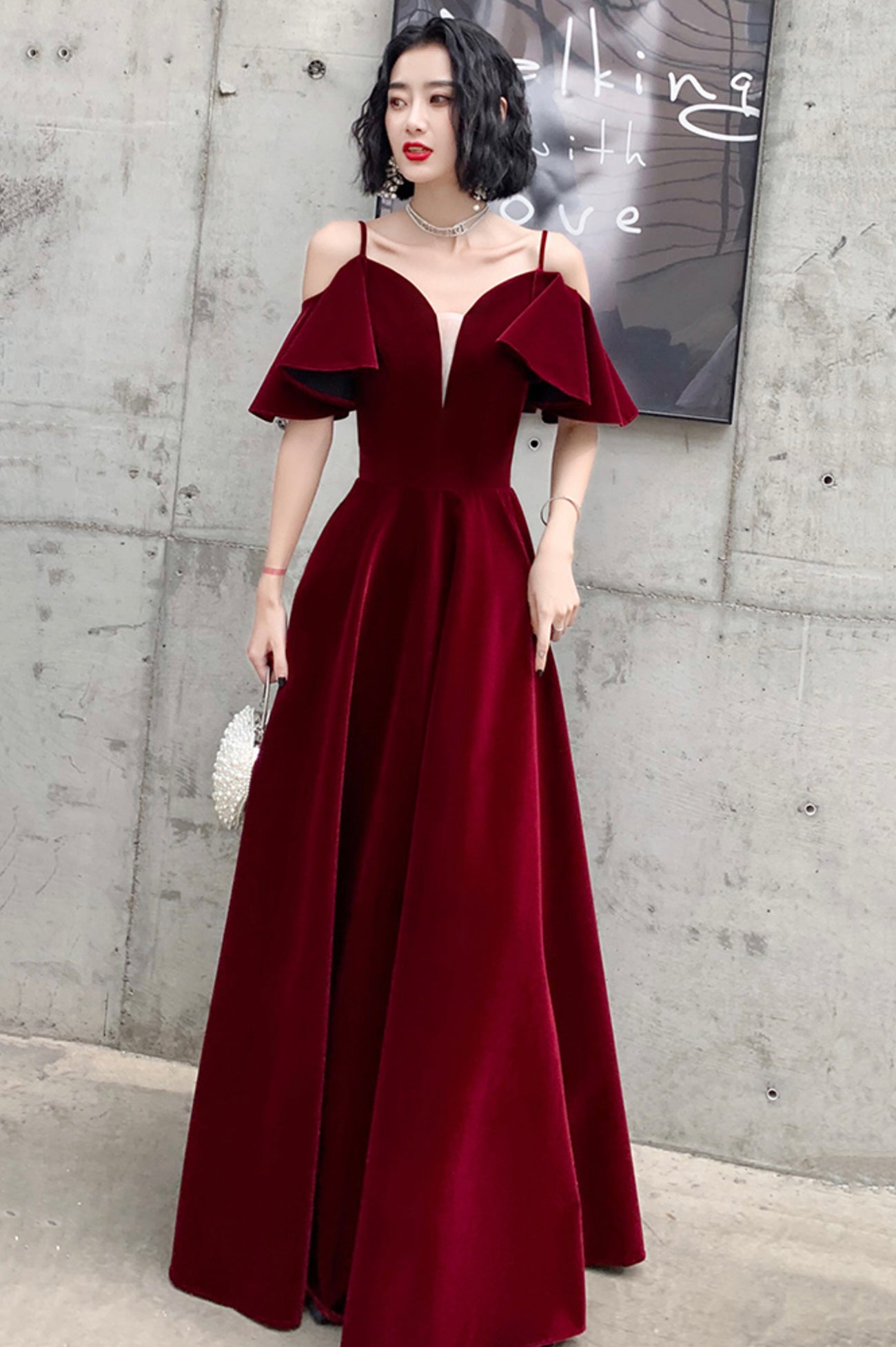 Burgundy Velvet Long A-Line Prom Dress, Simple V-Neck Evening Dress
