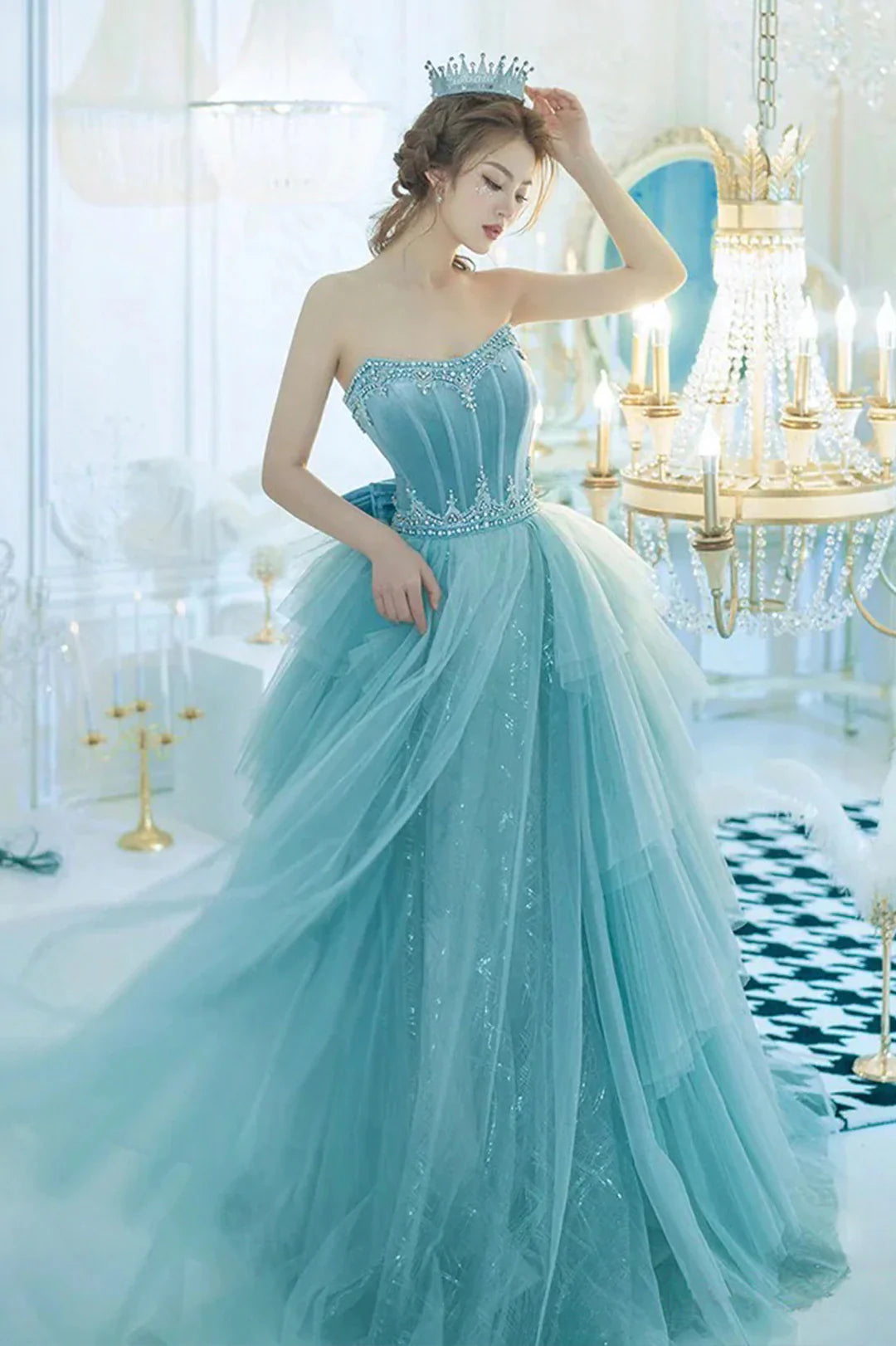 Blue Strapless Tulle Long Prom Dress, Beautiful Princess Dress with Bow