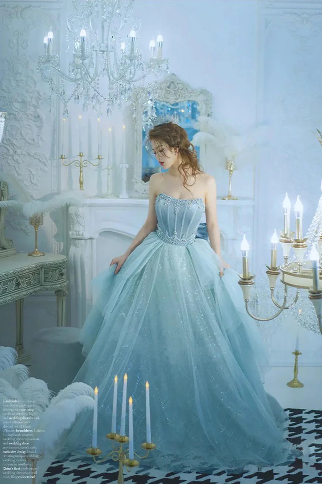 Blue Strapless Tulle Long Prom Dress, Beautiful Princess Dress with Bow