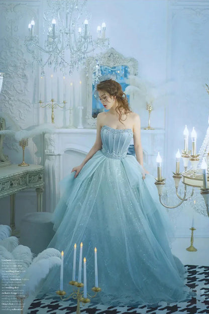 Blue Strapless Tulle Long Prom Dress, Beautiful Princess Dress with Bow