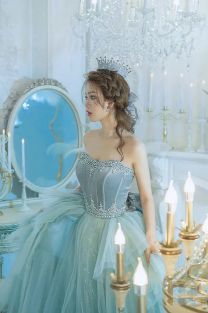 Blue Strapless Tulle Long Prom Dress, Beautiful Princess Dress with Bow