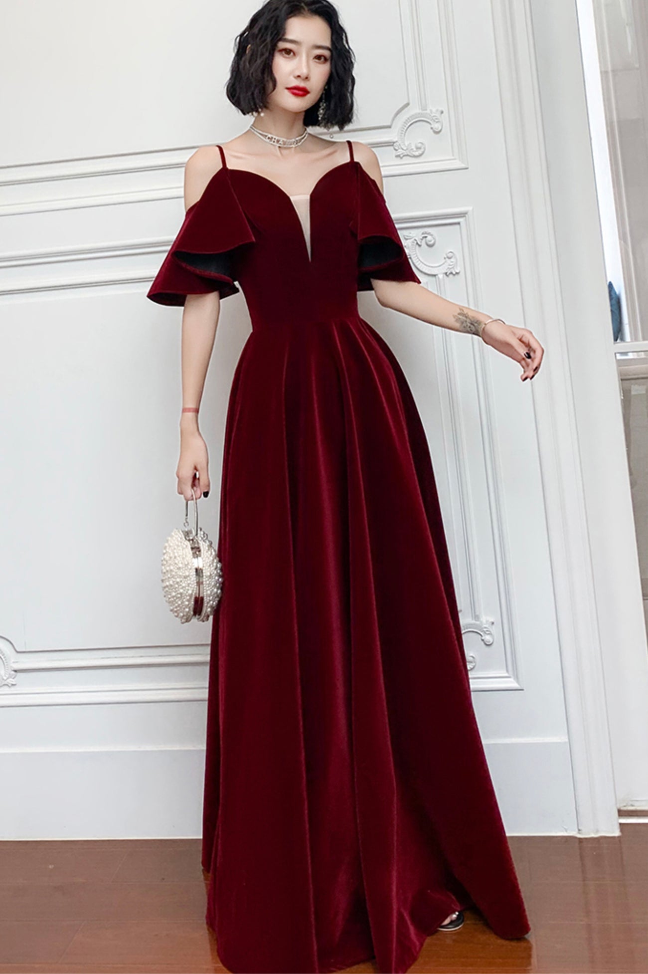 Burgundy Velvet Long A-Line Prom Dress, Simple V-Neck Evening Dress