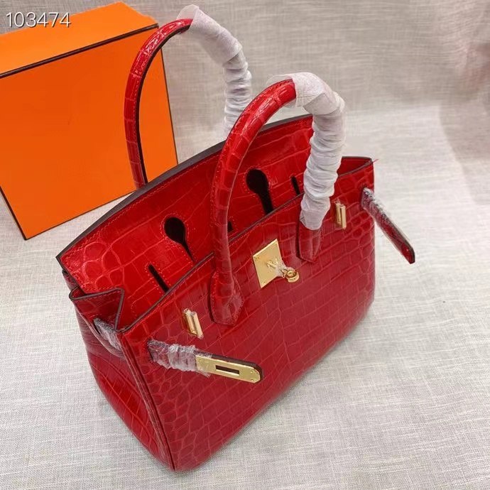 H A SHINY SANGUINE POROSUS CROCODILE BIRKIN 30 WITH GOLD HARDWARE RED 30CM