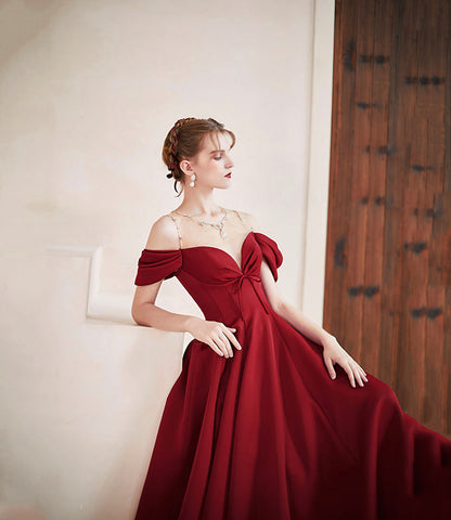 Burgundy satin long prom dress A line evening dress  10578