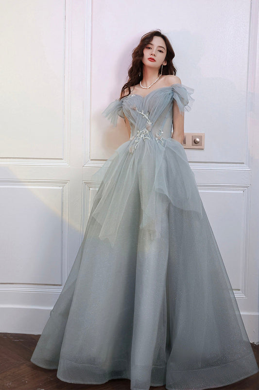 Gray tulle sequins long prom dress A line evening dress  10646