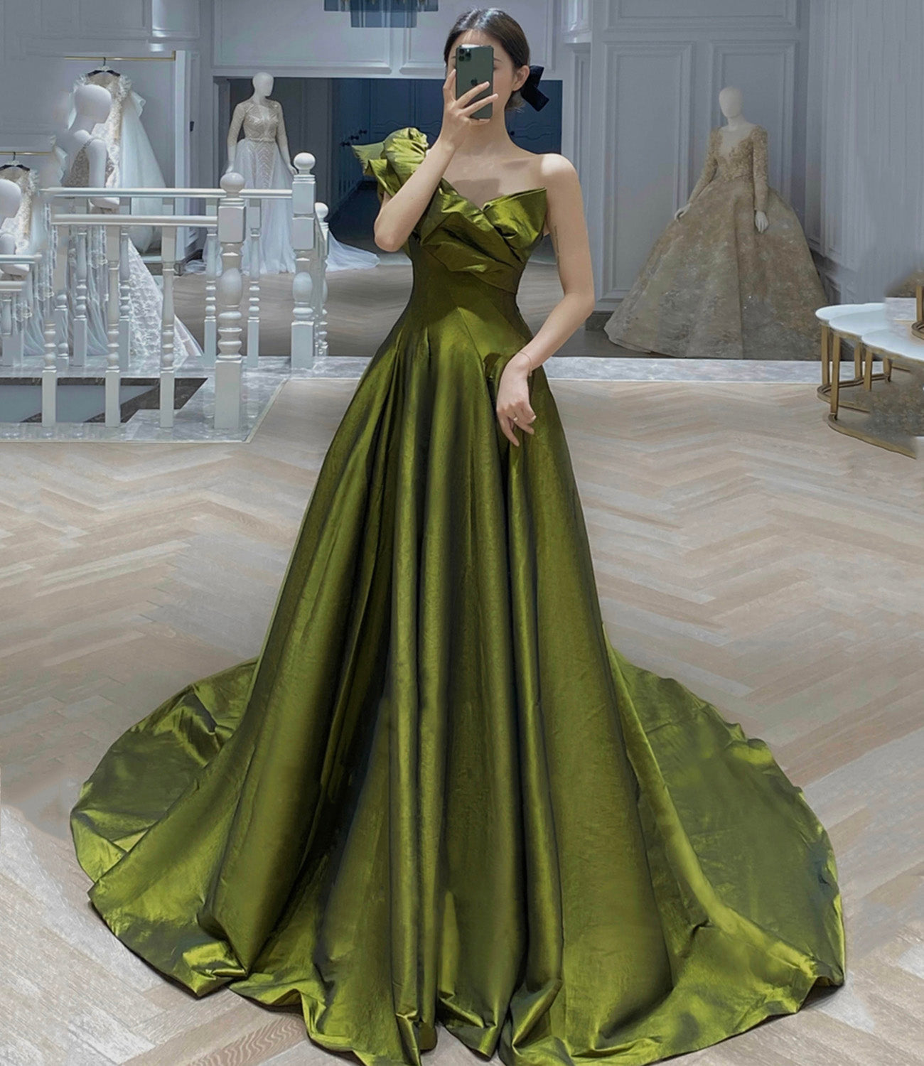 Green satin long prom dress A line evening dress  10541