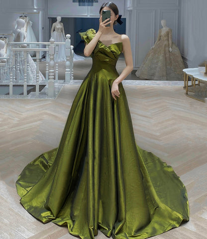 Green satin long prom dress A line evening dress  10541