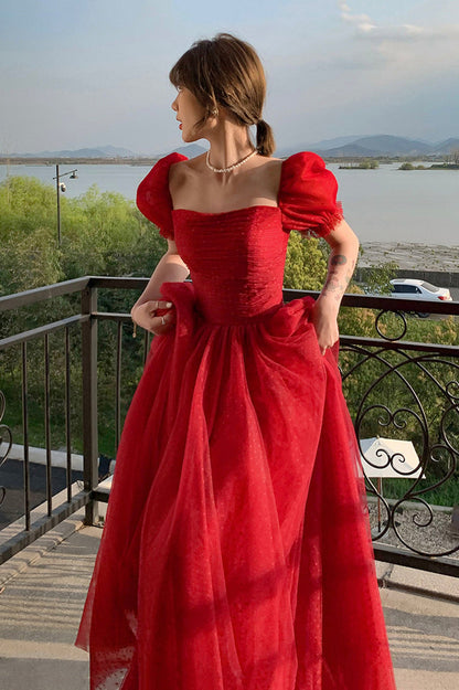 Red tulle long prom dress A line evening dress  10602