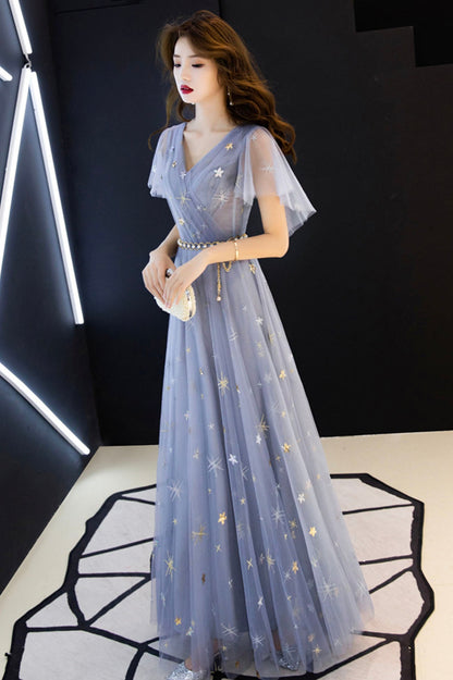 Blue v neck tulle long prom dress blue evening dress  10640