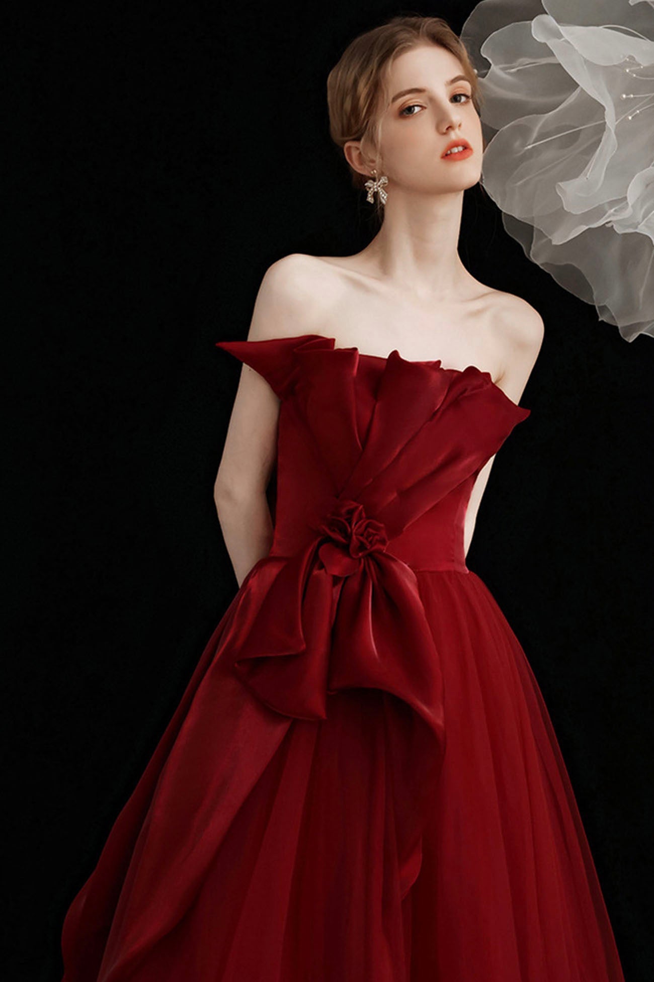 Burgundy tulle long prom dress A line evening dress  10603