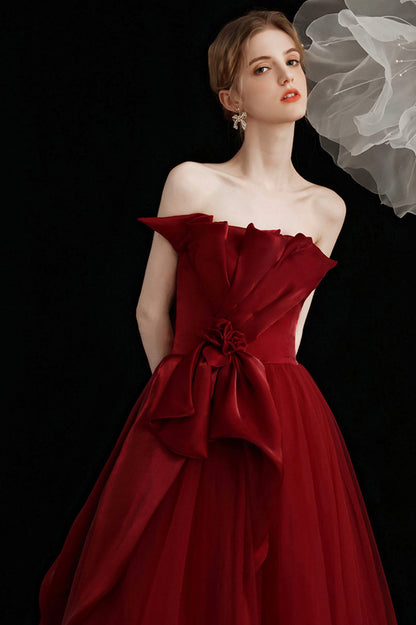 Burgundy tulle long prom dress A line evening dress  10603