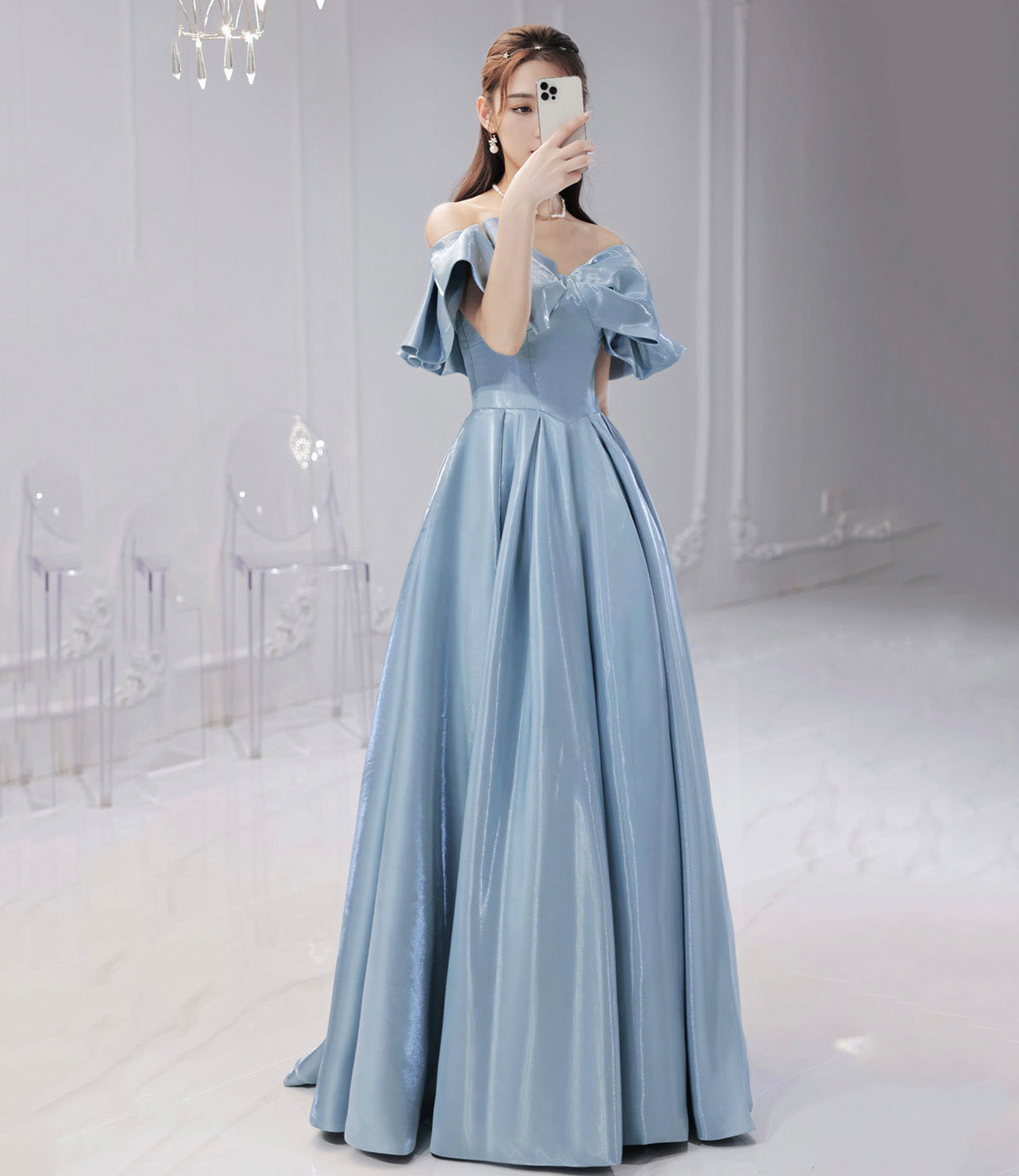 Blue satin long prom dress A line evening dress  10581