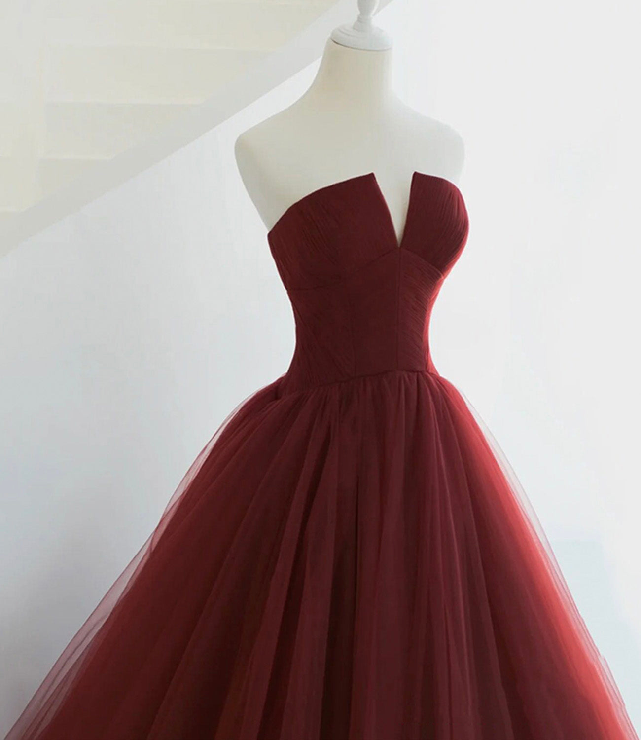 Burgundy tulle long prom dress A line evening gown  10563