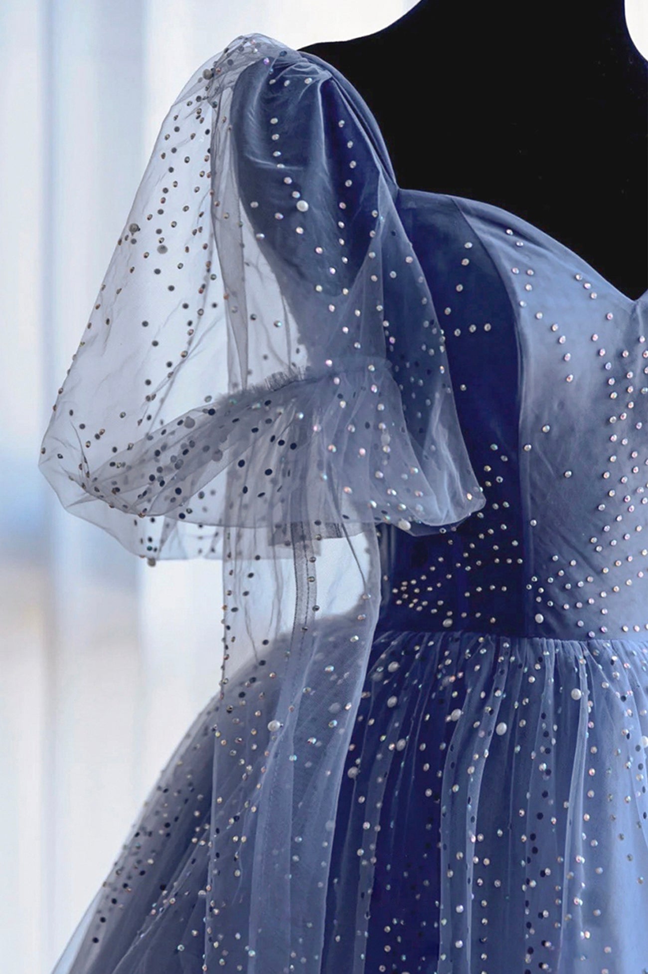 Blue tulle beads long prom dress blue evening dress  10522