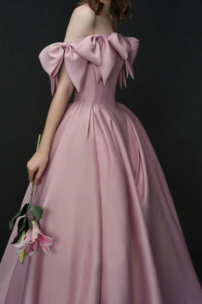 Unique Design Pink Bow Satin Long Prom Dress Princess Dress  10585