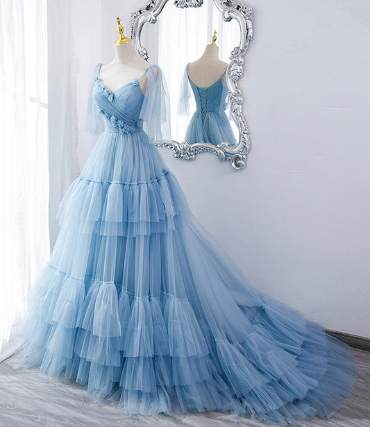 Blue tulle long A line prom dress blue evening dress  10551