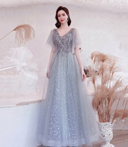 Gray tulle sequins long prom dress A line evening dress  10528