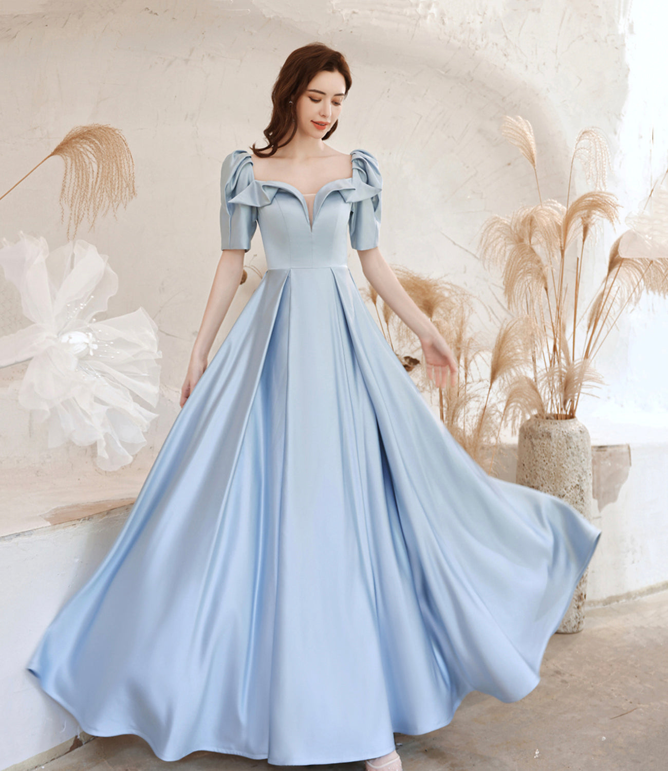 Cute satin long prom dress blue evening dress  10531