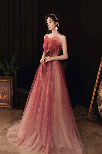 Burgundy tulle sequins long prom dress A line evening dress  10626