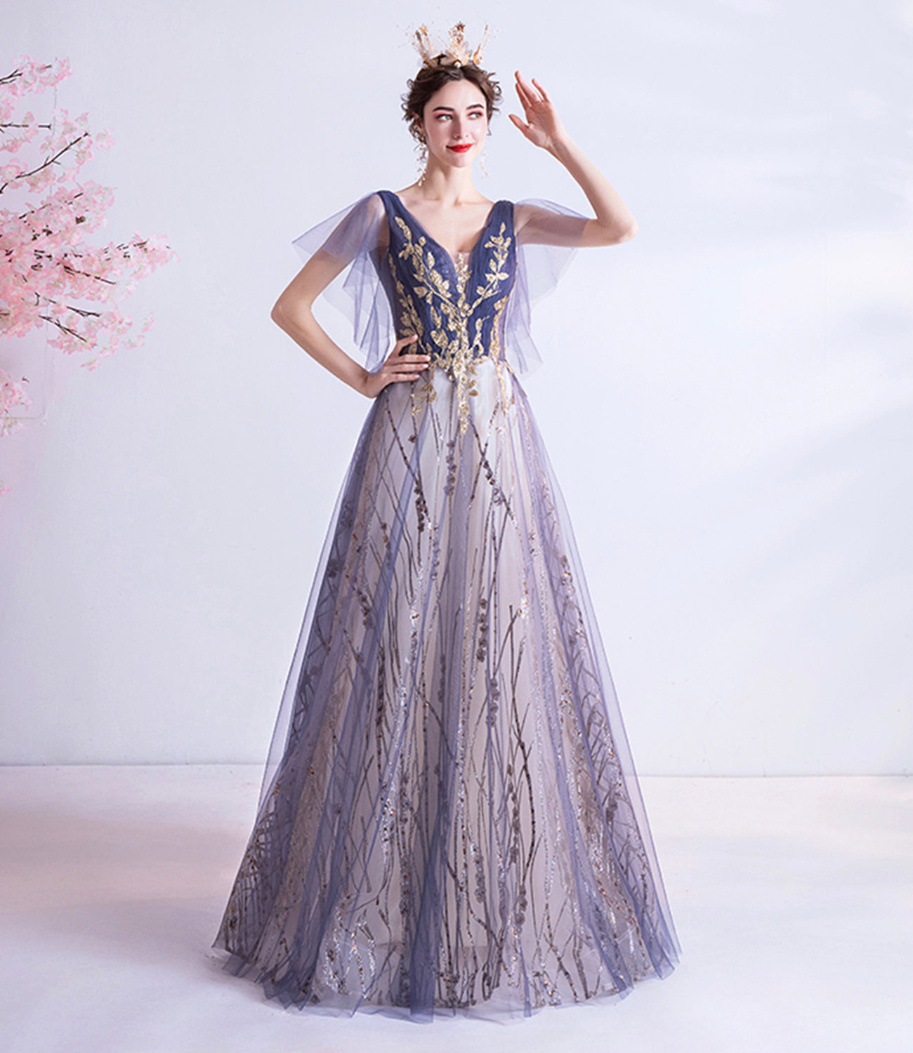 Purple tulle sequins long prom dress A line evening dress  10510