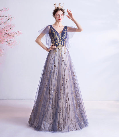 Purple tulle sequins long prom dress A line evening dress  10510