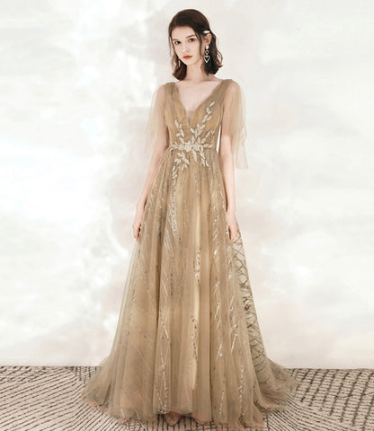 Champagne tulle sequins long prom dress A line evening dress  10548
