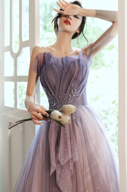Purple tulle sequins long prom dress evening dress  10624