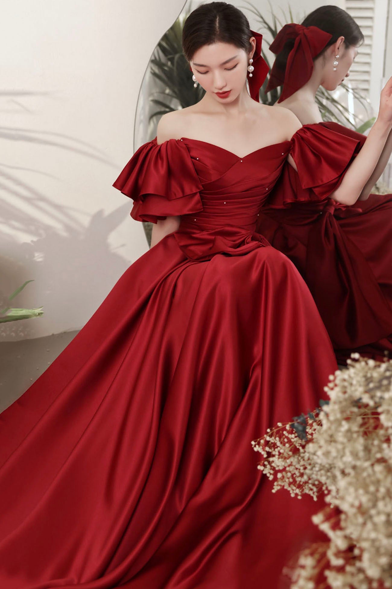 Burgundy satin long prom dress A line evening dress  10601