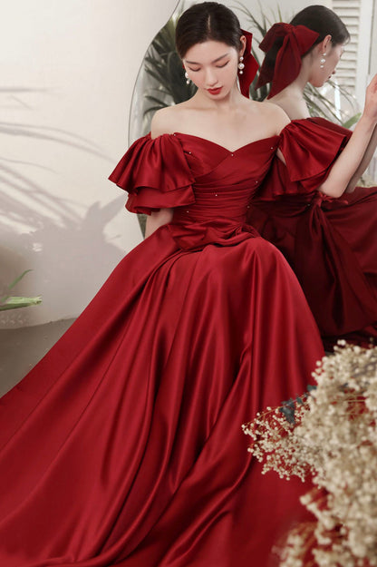 Burgundy satin long prom dress A line evening dress  10601
