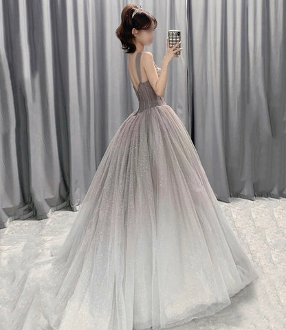 Gray tulle sequins long prom dress A line evening gown  10564