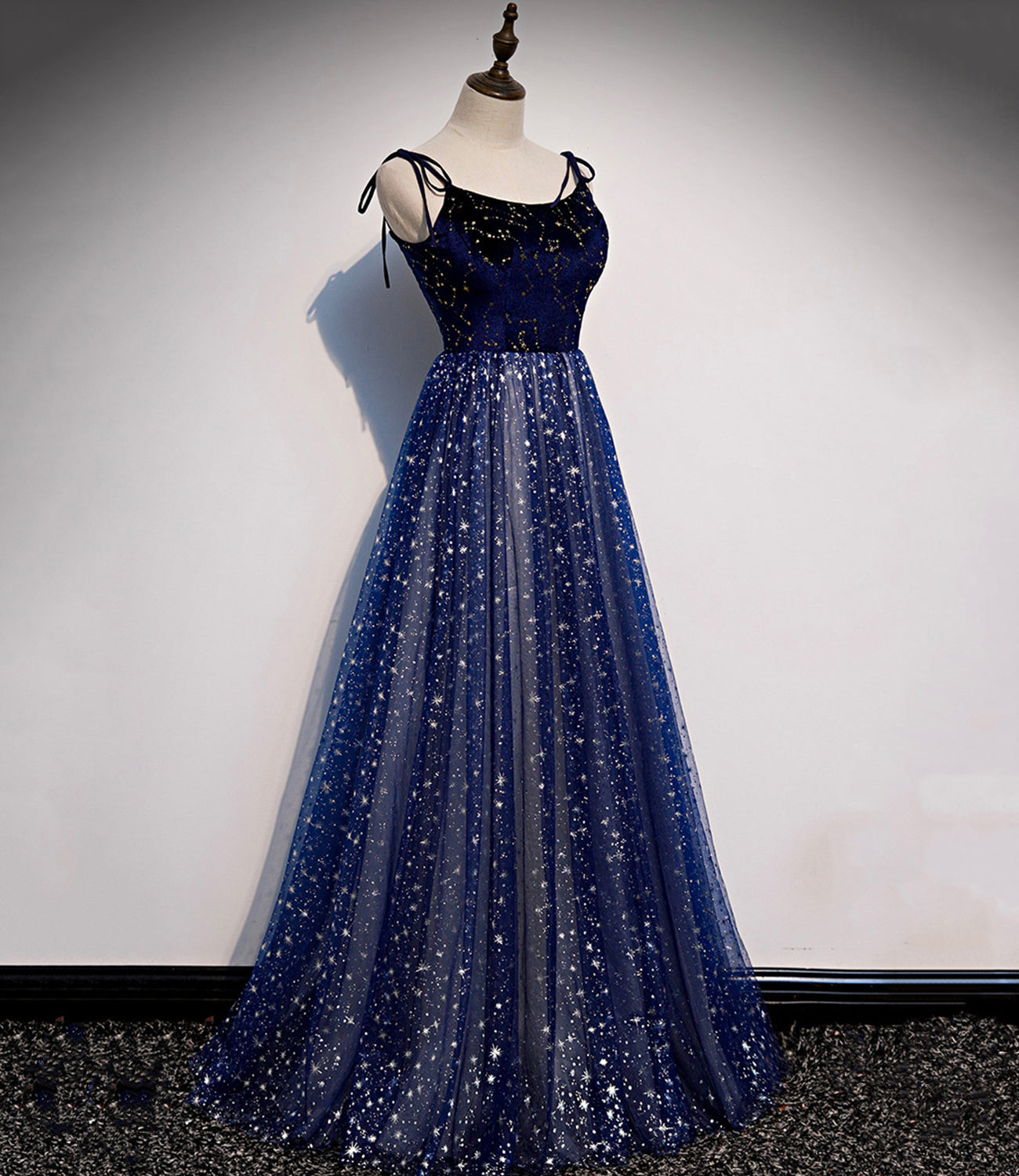 Blue velvet tulle long prom dress A line evening dress  10515