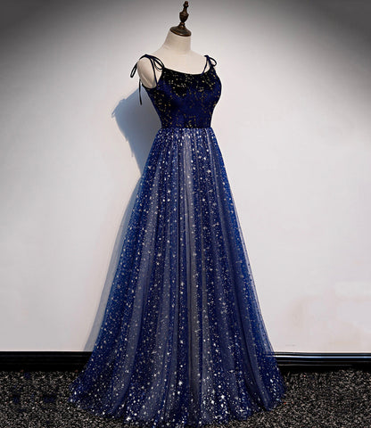 Blue velvet tulle long prom dress A line evening dress  10515
