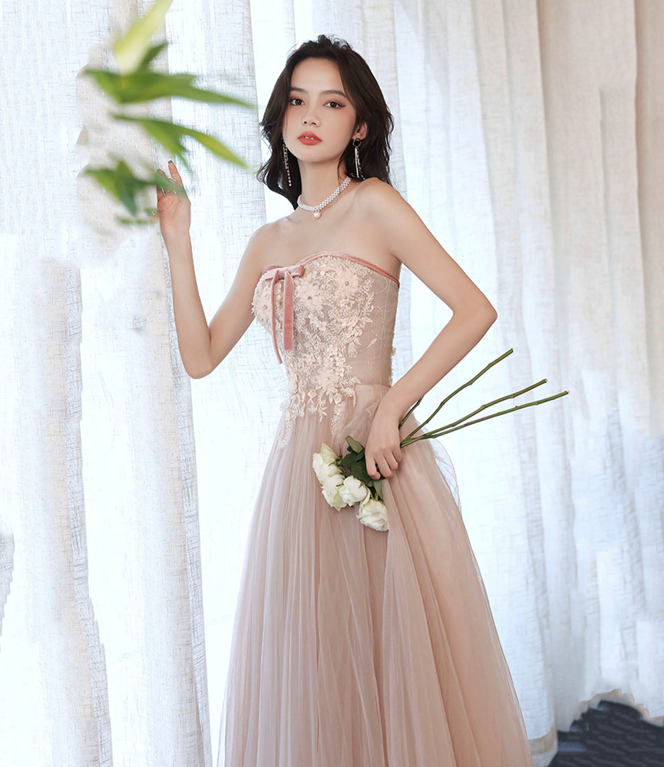 Pink tulle lace long prom dress pink evening dress  10628