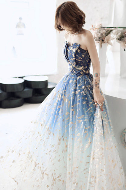 Blue tulle long prom dress blue evening dress  10590